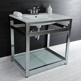 Quadras 31-Inch Ceramic Console Sink with Steel Base and Glass Shelf (4-Inch, 3-Hole)