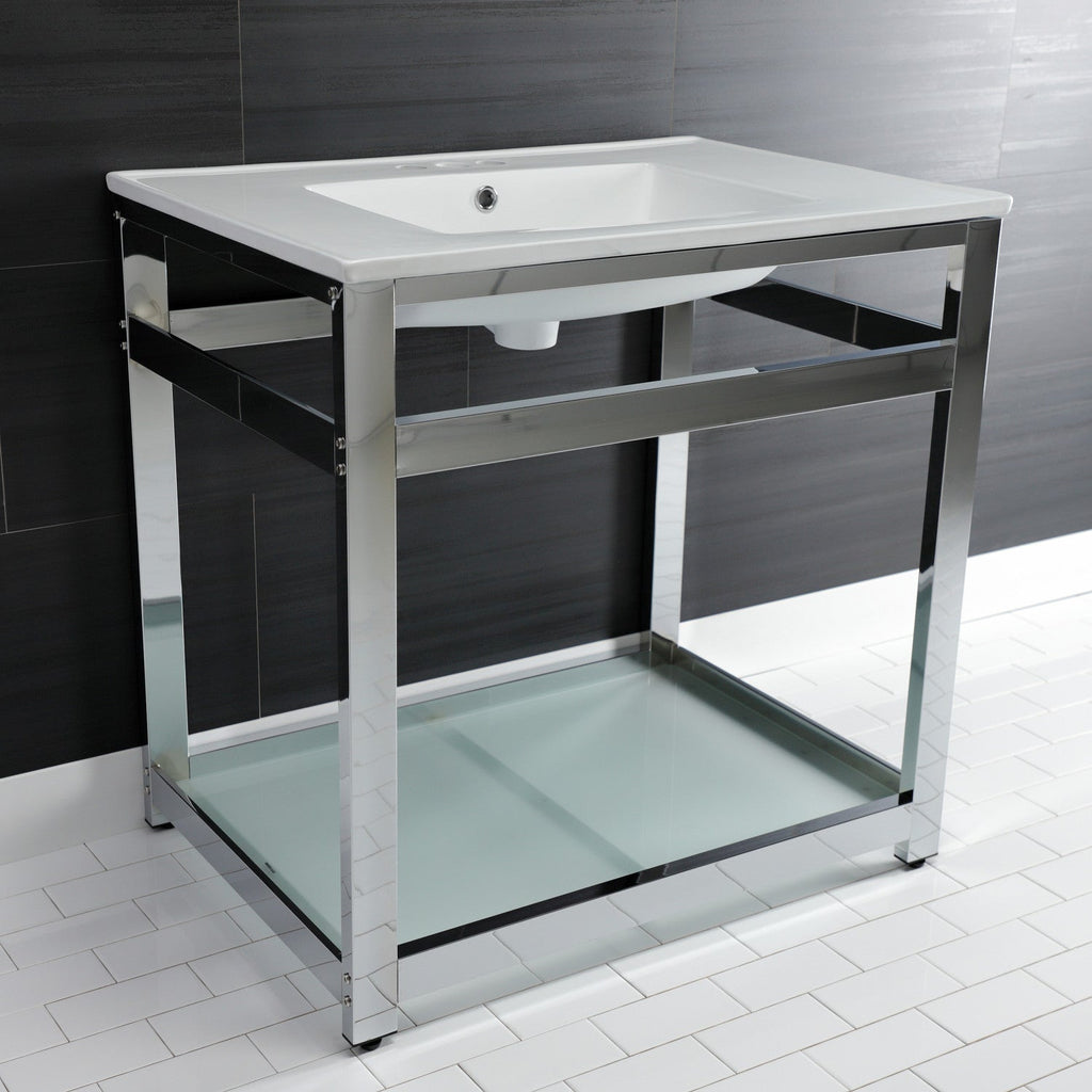 Quadras 31-Inch Ceramic Console Sink with Steel Base and Glass Shelf (4-Inch, 3-Hole)