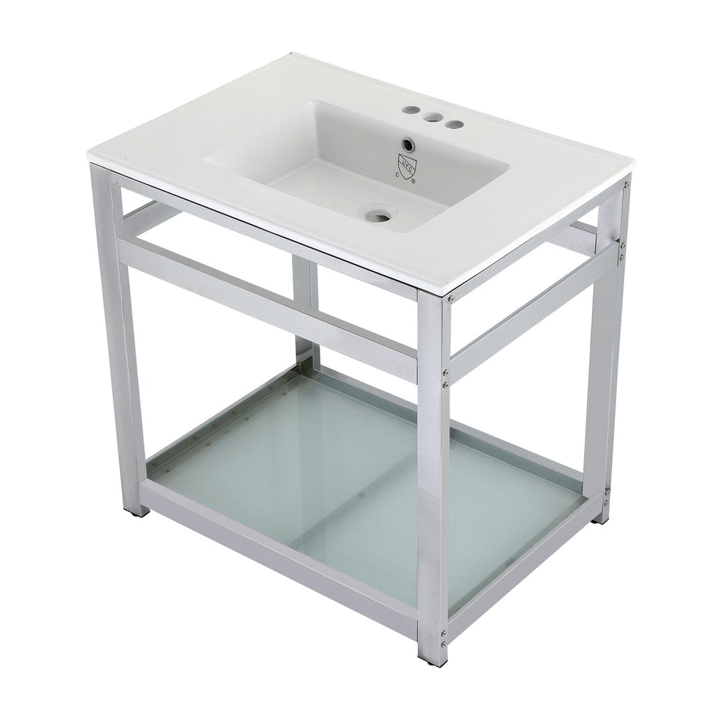 Quadras 31-Inch Ceramic Console Sink with Steel Base and Glass Shelf (4-Inch, 3-Hole)
