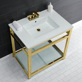 Quadras 31-Inch Ceramic Console Sink with Steel Base and Glass Shelf (4-Inch, 3-Hole)
