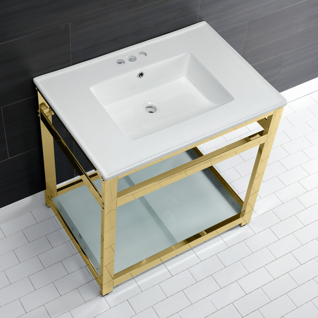 Quadras 31-Inch Ceramic Console Sink with Steel Base and Glass Shelf (4-Inch, 3-Hole)