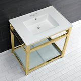 Quadras 31-Inch Ceramic Console Sink with Steel Base and Glass Shelf (4-Inch, 3-Hole)