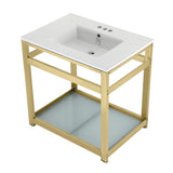Quadras 31-Inch Ceramic Console Sink with Steel Base and Glass Shelf (4-Inch, 3-Hole)