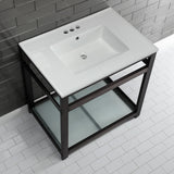 Quadras 31-Inch Ceramic Console Sink with Steel Base and Glass Shelf (4-Inch, 3-Hole)