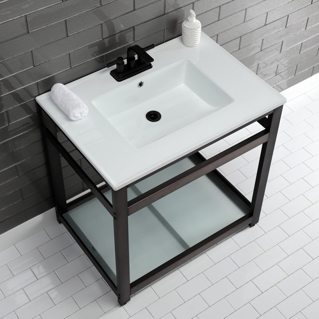 Quadras 31-Inch Ceramic Console Sink with Steel Base and Glass Shelf (4-Inch, 3-Hole)