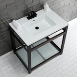 Quadras 31-Inch Ceramic Console Sink with Steel Base and Glass Shelf (4-Inch, 3-Hole)