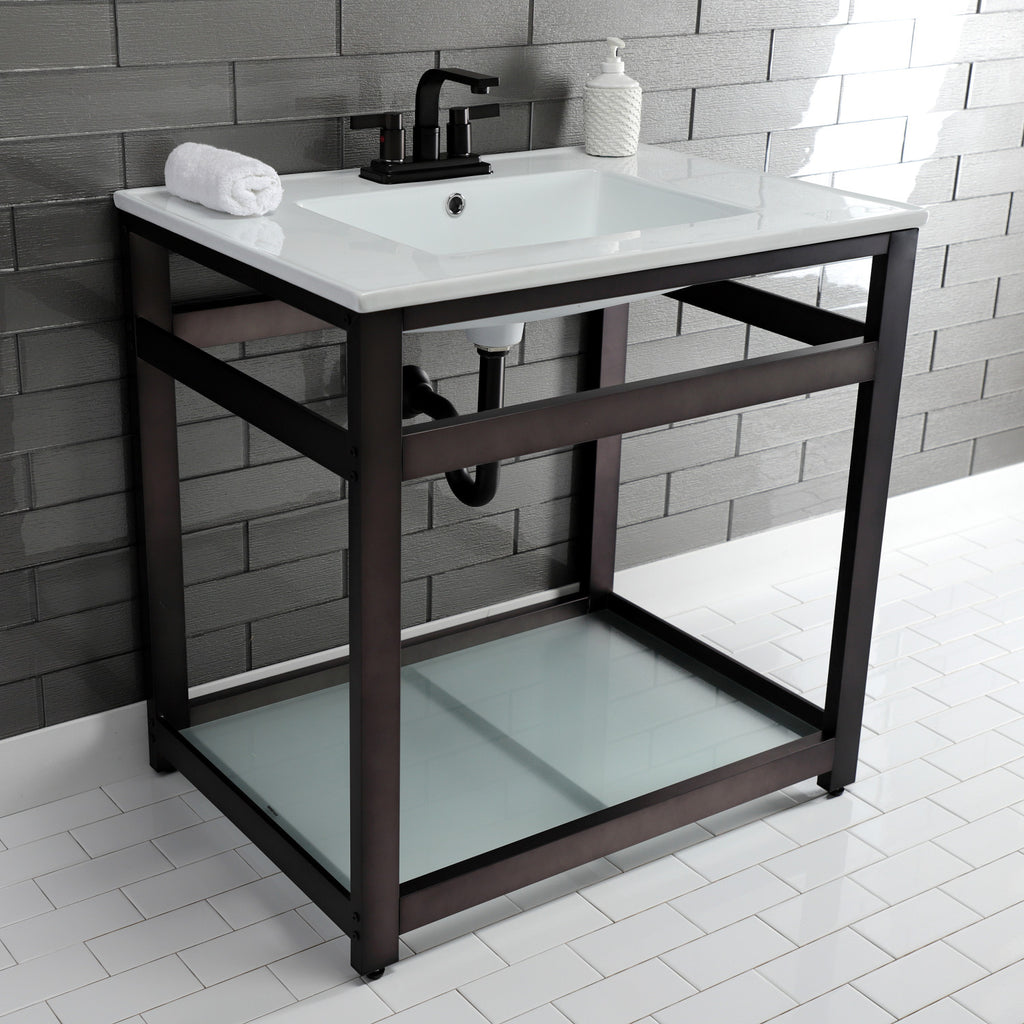 Quadras 31-Inch Ceramic Console Sink with Steel Base and Glass Shelf (4-Inch, 3-Hole)