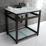 Quadras 31-Inch Ceramic Console Sink with Steel Base and Glass Shelf (4-Inch, 3-Hole)