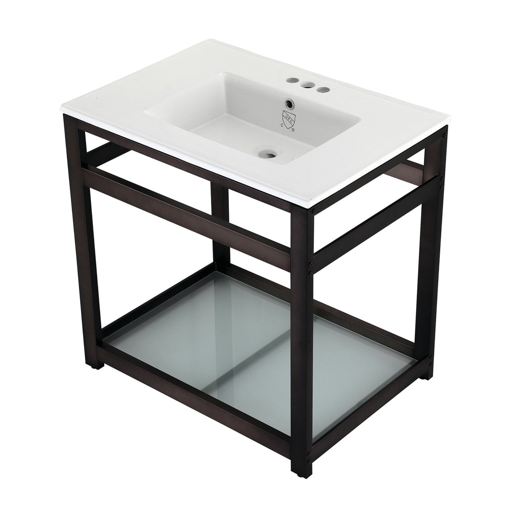 Quadras 31-Inch Ceramic Console Sink with Steel Base and Glass Shelf (4-Inch, 3-Hole)
