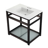 Quadras 31-Inch Ceramic Console Sink with Steel Base and Glass Shelf (4-Inch, 3-Hole)