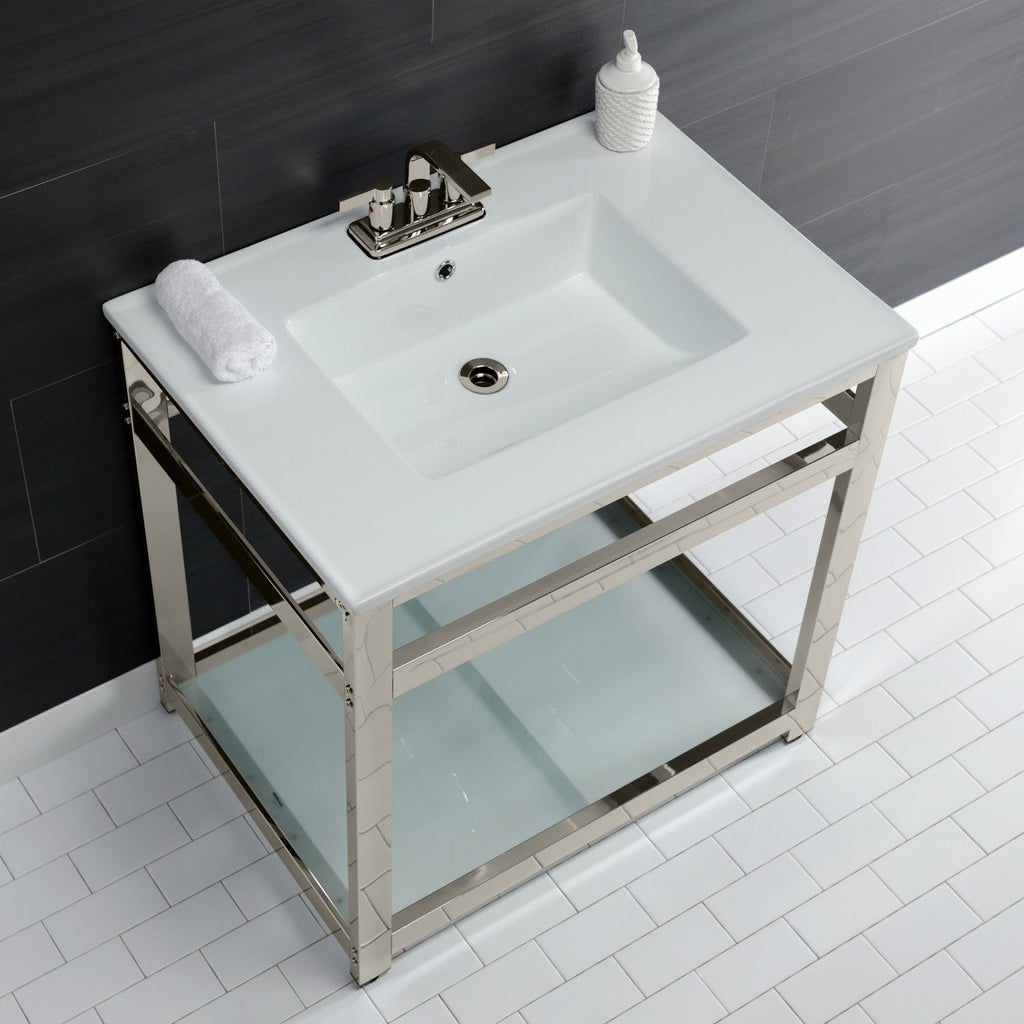 Quadras 31-Inch Ceramic Console Sink with Steel Base and Glass Shelf (4-Inch, 3-Hole)