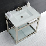Quadras 31-Inch Ceramic Console Sink with Steel Base and Glass Shelf (4-Inch, 3-Hole)