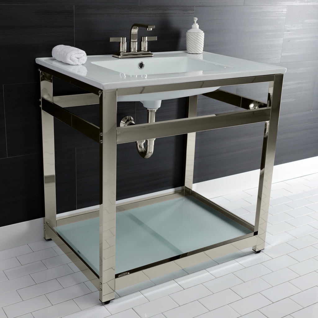 Quadras 31-Inch Ceramic Console Sink with Steel Base and Glass Shelf (4-Inch, 3-Hole)