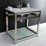 Quadras 31-Inch Ceramic Console Sink with Steel Base and Glass Shelf (4-Inch, 3-Hole)