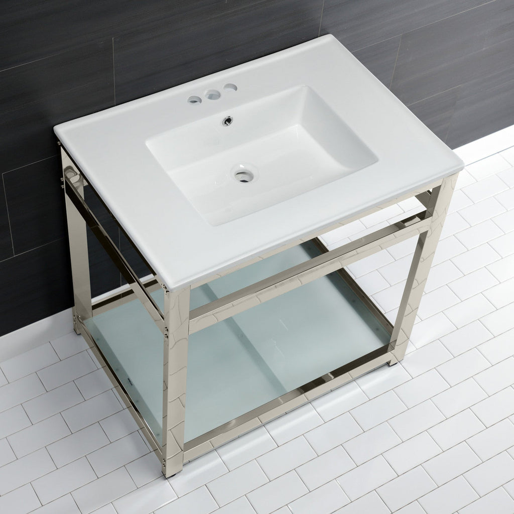 Quadras 31-Inch Ceramic Console Sink with Steel Base and Glass Shelf (4-Inch, 3-Hole)