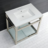 Quadras 31-Inch Ceramic Console Sink with Steel Base and Glass Shelf (4-Inch, 3-Hole)