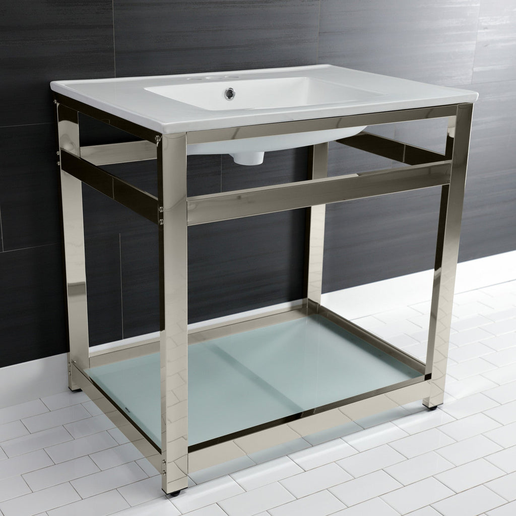 Quadras 31-Inch Ceramic Console Sink with Steel Base and Glass Shelf (4-Inch, 3-Hole)