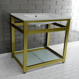 Quadras 31-Inch Ceramic Console Sink with Steel Base and Glass Shelf (4-Inch, 3-Hole)