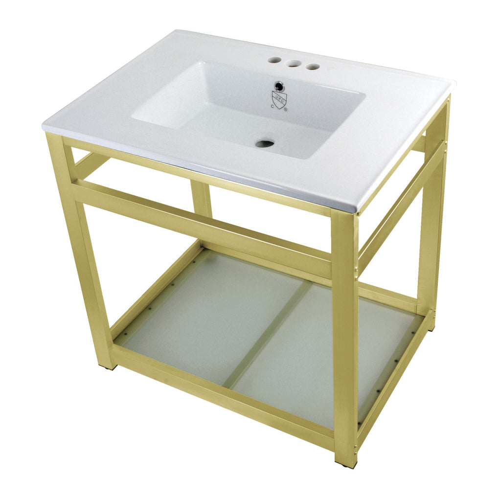 Quadras 31-Inch Ceramic Console Sink with Steel Base and Glass Shelf (4-Inch, 3-Hole)