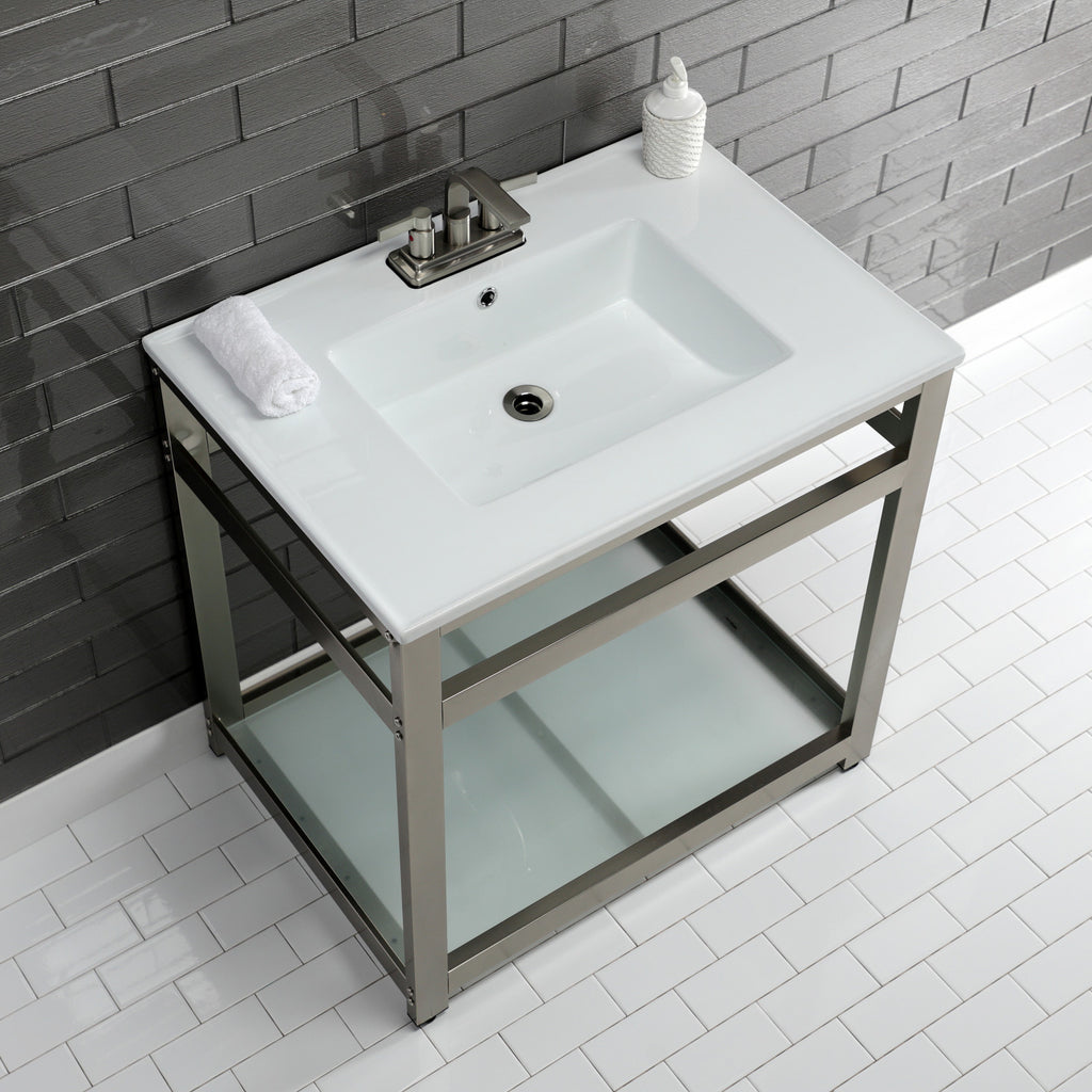 Quadras 31-Inch Ceramic Console Sink with Steel Base and Glass Shelf (4-Inch, 3-Hole)