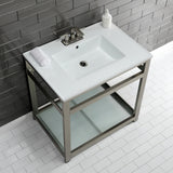 Quadras 31-Inch Ceramic Console Sink with Steel Base and Glass Shelf (4-Inch, 3-Hole)