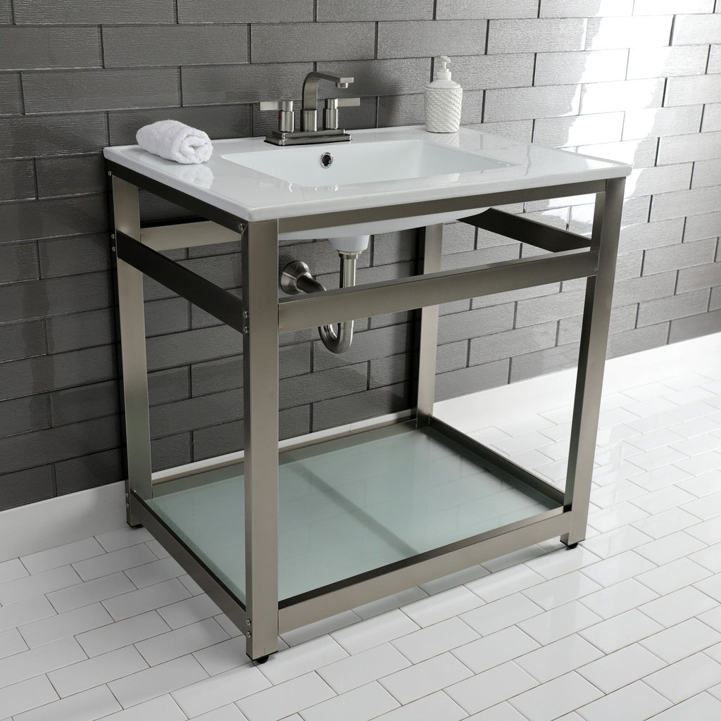 Quadras 31-Inch Ceramic Console Sink with Steel Base and Glass Shelf (4-Inch, 3-Hole)