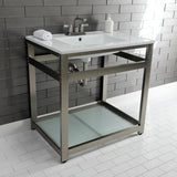 Quadras 31-Inch Ceramic Console Sink with Steel Base and Glass Shelf (4-Inch, 3-Hole)
