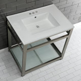 Quadras 31-Inch Ceramic Console Sink with Steel Base and Glass Shelf (4-Inch, 3-Hole)