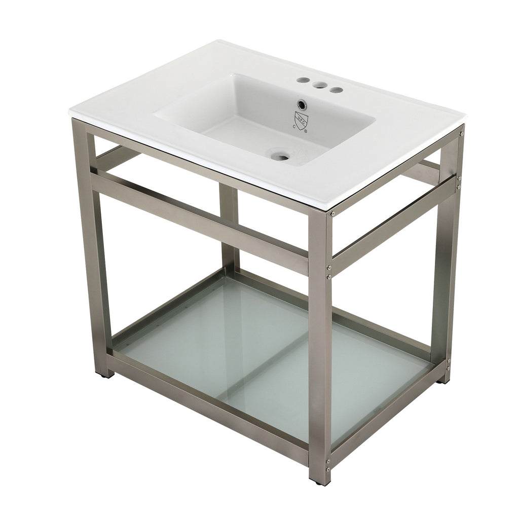 Quadras 31-Inch Ceramic Console Sink with Steel Base and Glass Shelf (4-Inch, 3-Hole)