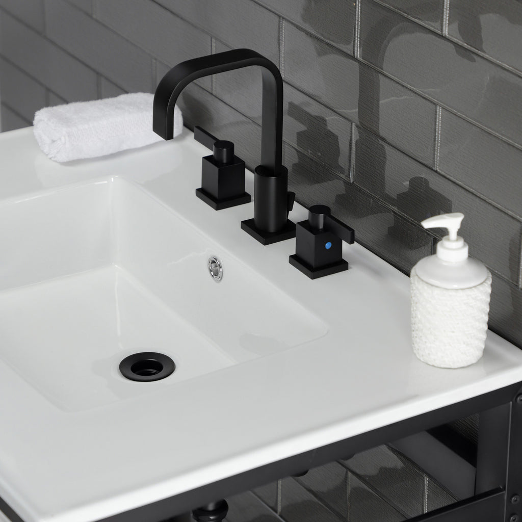 Quadras 31-Inch Ceramic Console Sink with Steel Base and Glass Shelf (8-Inch, 3-Hole)
