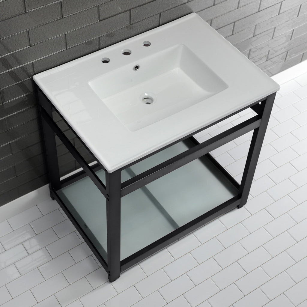 Quadras 31-Inch Ceramic Console Sink with Steel Base and Glass Shelf (8-Inch, 3-Hole)