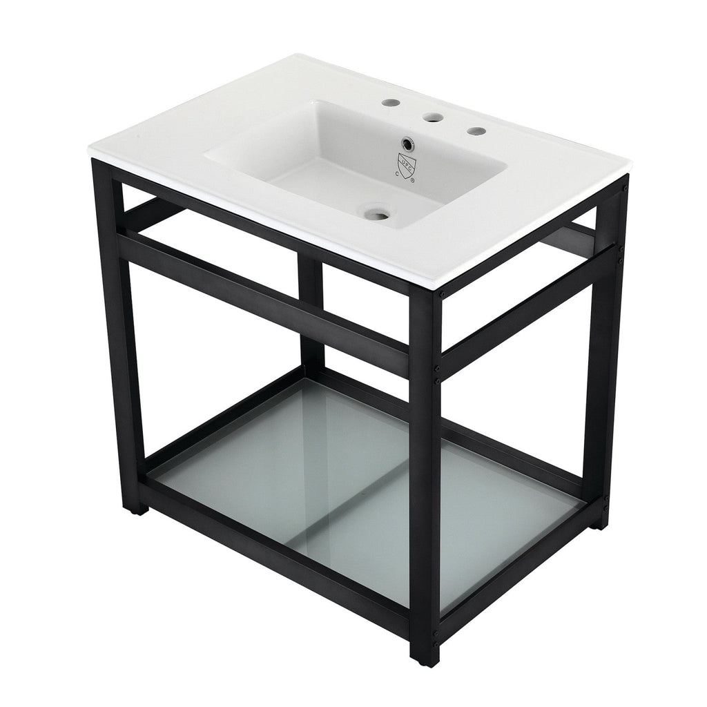 Quadras 31-Inch Ceramic Console Sink with Steel Base and Glass Shelf (8-Inch, 3-Hole)