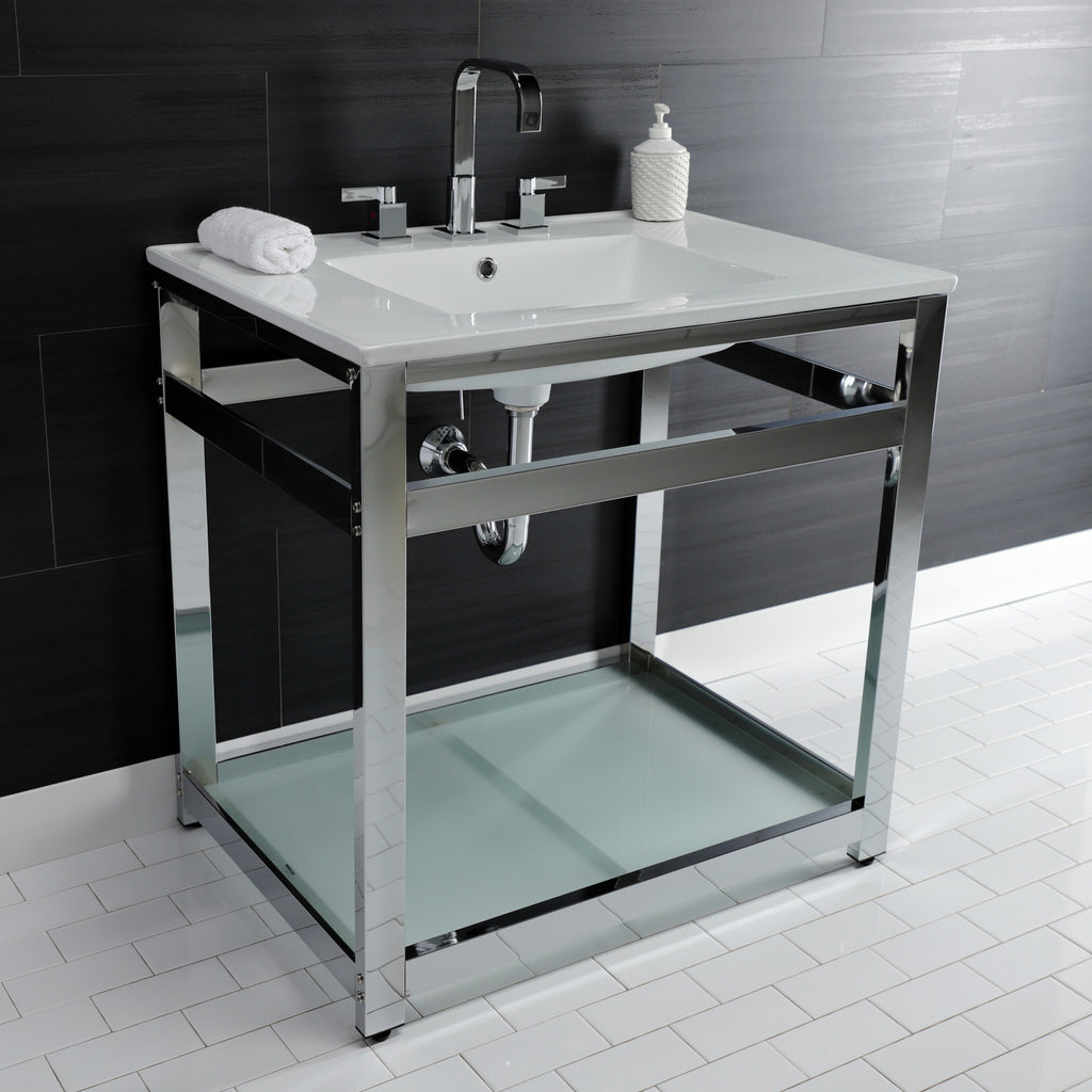 Quadras 31-Inch Ceramic Console Sink with Steel Base and Glass Shelf (8-Inch, 3-Hole)