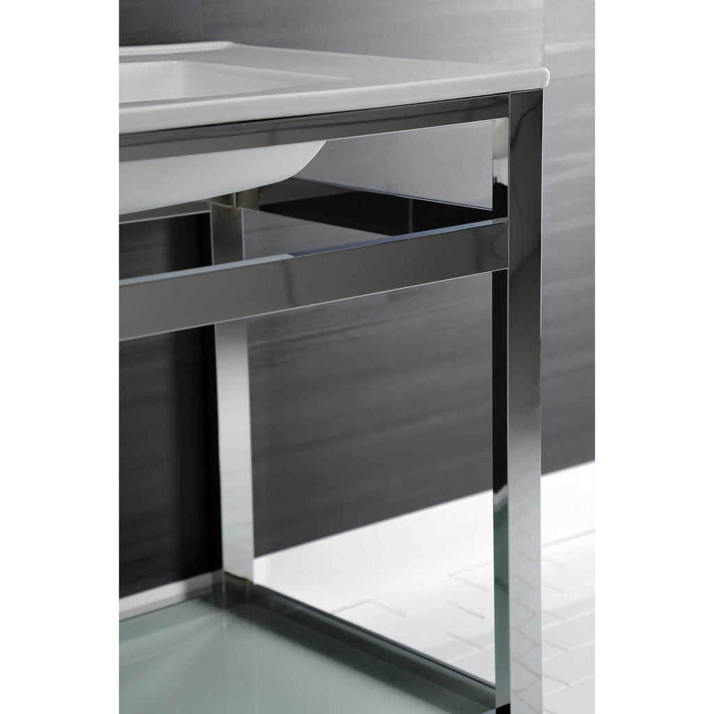Quadras 31-Inch Ceramic Console Sink with Steel Base and Glass Shelf (8-Inch, 3-Hole)