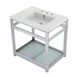Quadras 31-Inch Ceramic Console Sink with Steel Base and Glass Shelf (8-Inch, 3-Hole)