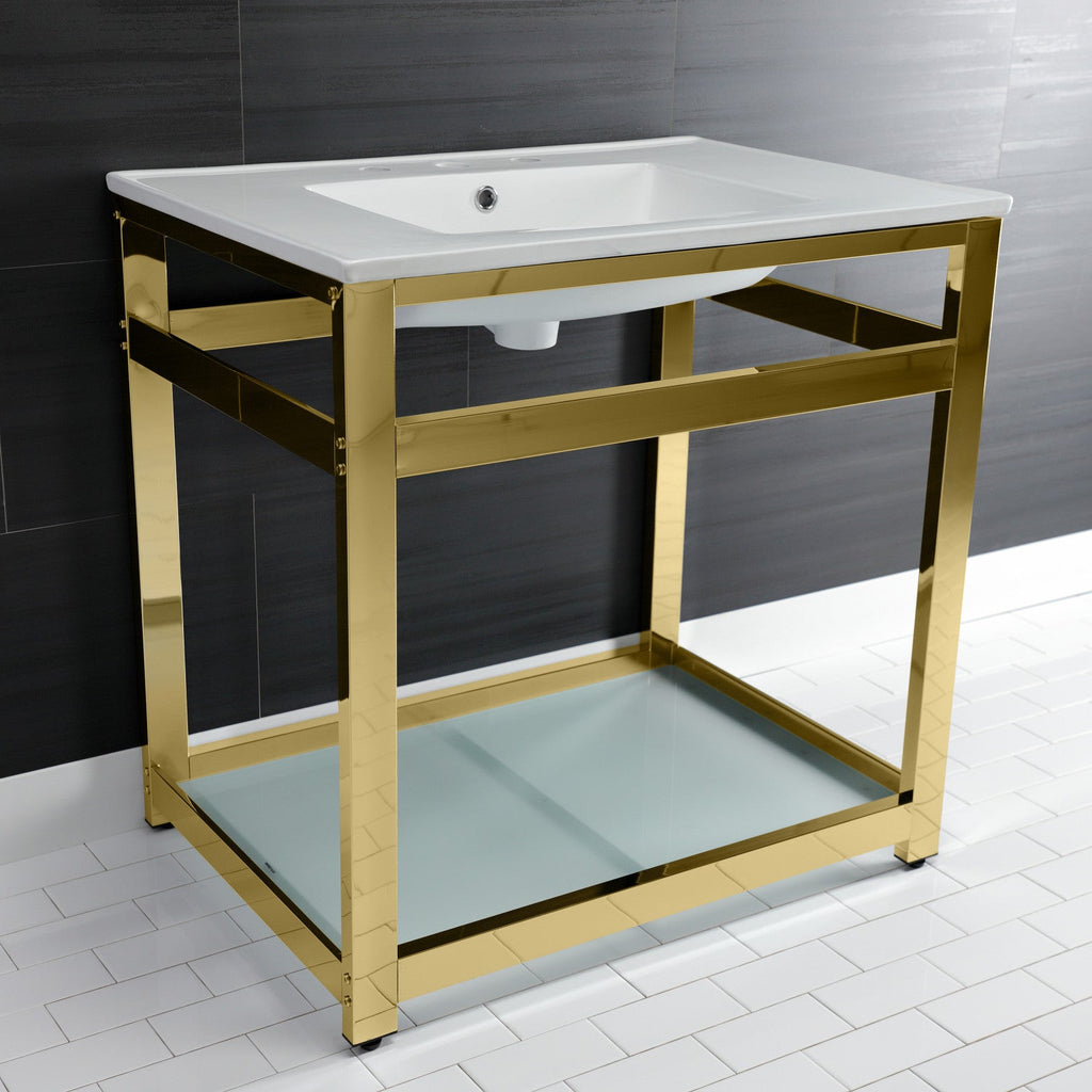 Quadras 31-Inch Ceramic Console Sink with Steel Base and Glass Shelf (8-Inch, 3-Hole)