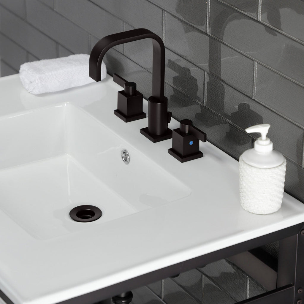 Quadras 31-Inch Ceramic Console Sink with Steel Base and Glass Shelf (8-Inch, 3-Hole)