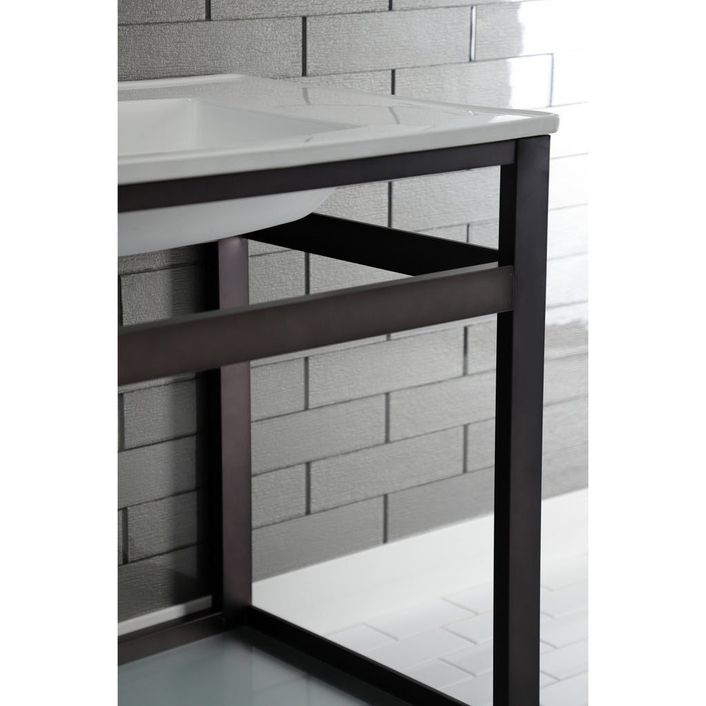 Quadras 31-Inch Ceramic Console Sink with Steel Base and Glass Shelf (8-Inch, 3-Hole)