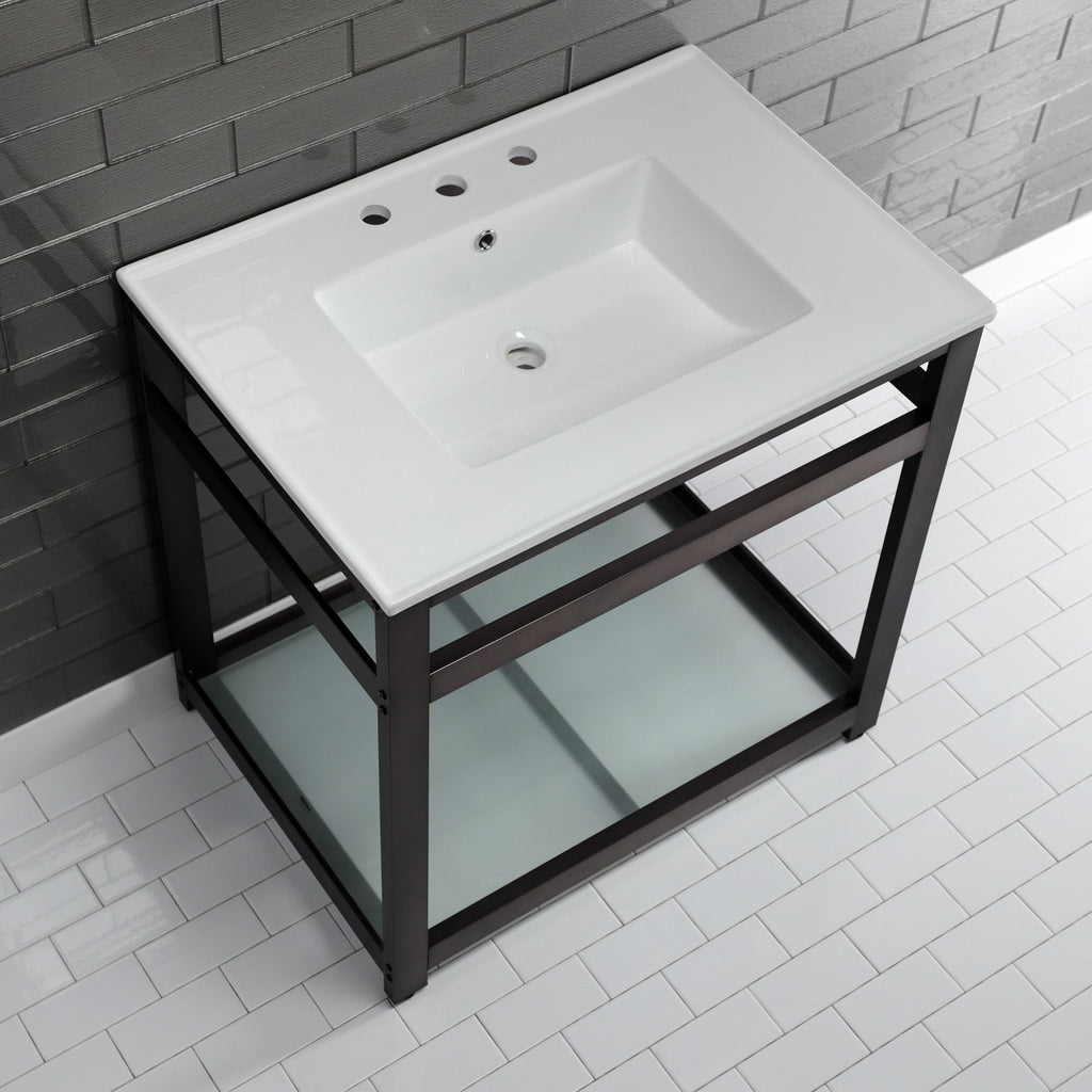 Quadras 31-Inch Ceramic Console Sink with Steel Base and Glass Shelf (8-Inch, 3-Hole)