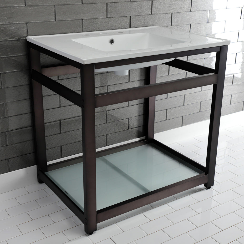 Quadras 31-Inch Ceramic Console Sink with Steel Base and Glass Shelf (8-Inch, 3-Hole)