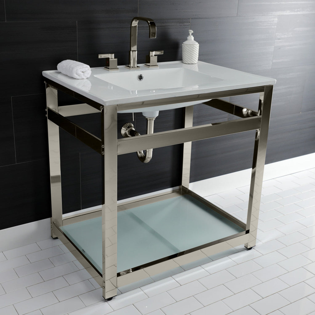 Quadras 31-Inch Ceramic Console Sink with Steel Base and Glass Shelf (8-Inch, 3-Hole)