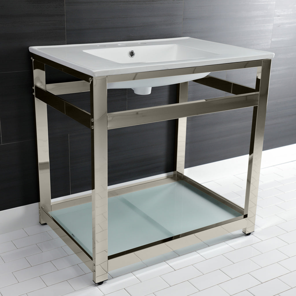 Quadras 31-Inch Ceramic Console Sink with Steel Base and Glass Shelf (8-Inch, 3-Hole)