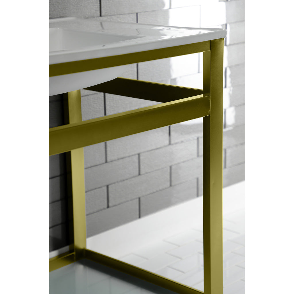 Quadras 31-Inch Ceramic Console Sink with Steel Base and Glass Shelf (8-Inch, 3-Hole)