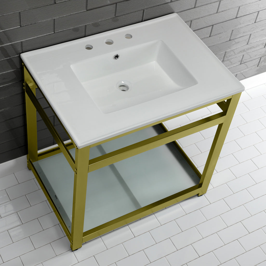 Quadras 31-Inch Ceramic Console Sink with Steel Base and Glass Shelf (8-Inch, 3-Hole)
