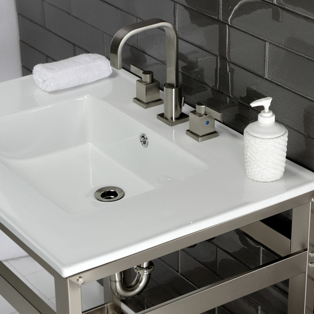 Quadras 31-Inch Ceramic Console Sink with Steel Base and Glass Shelf (8-Inch, 3-Hole)