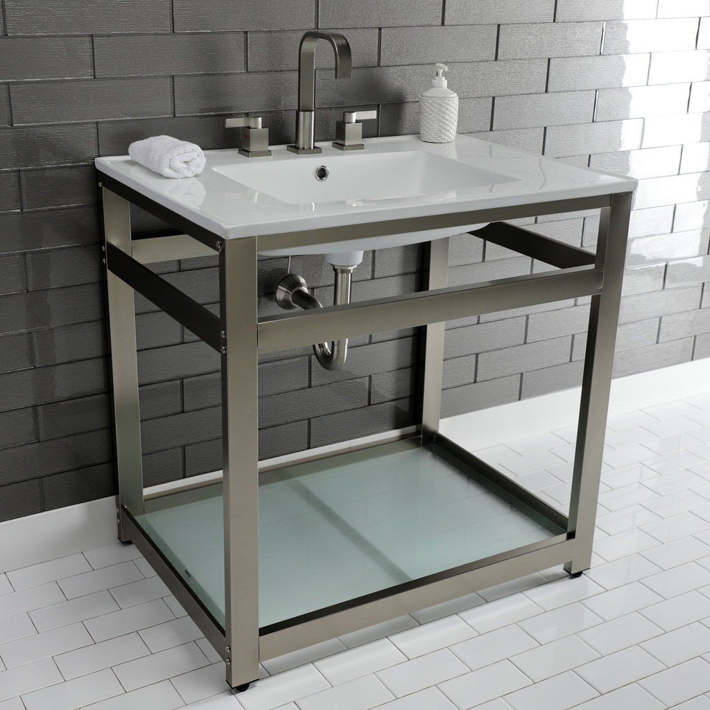 Quadras 31-Inch Ceramic Console Sink with Steel Base and Glass Shelf (8-Inch, 3-Hole)