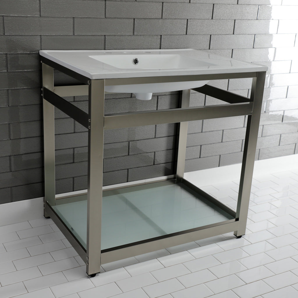 Quadras 31-Inch Ceramic Console Sink with Steel Base and Glass Shelf (8-Inch, 3-Hole)