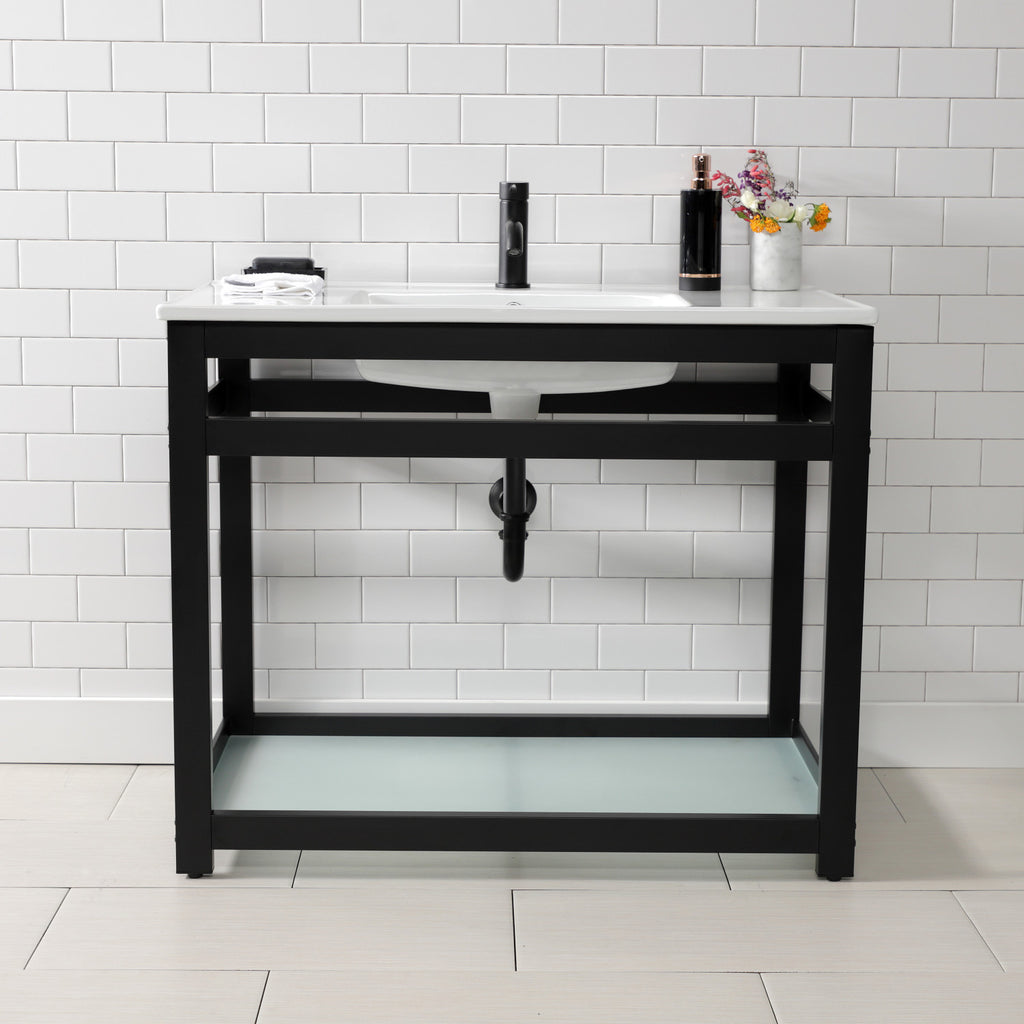 Quadras 37-Inch Ceramic Console Sink with Steel Base and Glass Shelf (1-Hole)