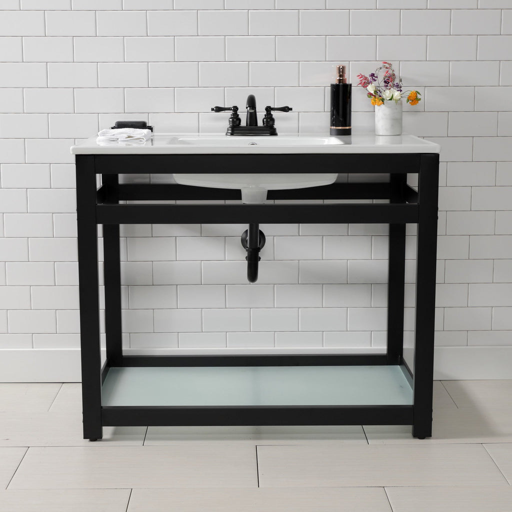 Quadras 37-Inch Ceramic Console Sink with Steel Base and Glass Shelf (4-Inch, 3-Hole)