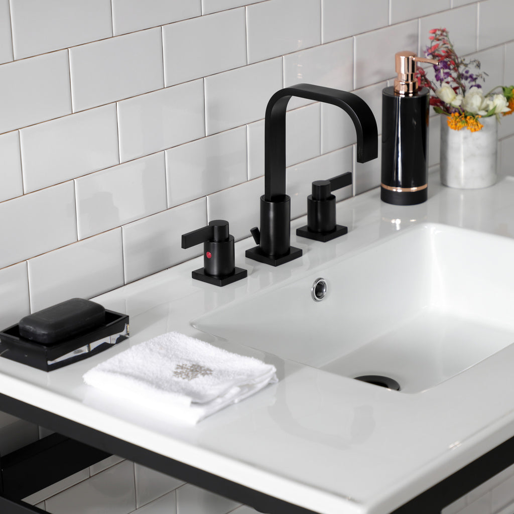 Quadras 37-Inch Ceramic Console Sink with Steel Base and Glass Shelf (8-Inch, 3-Hole)